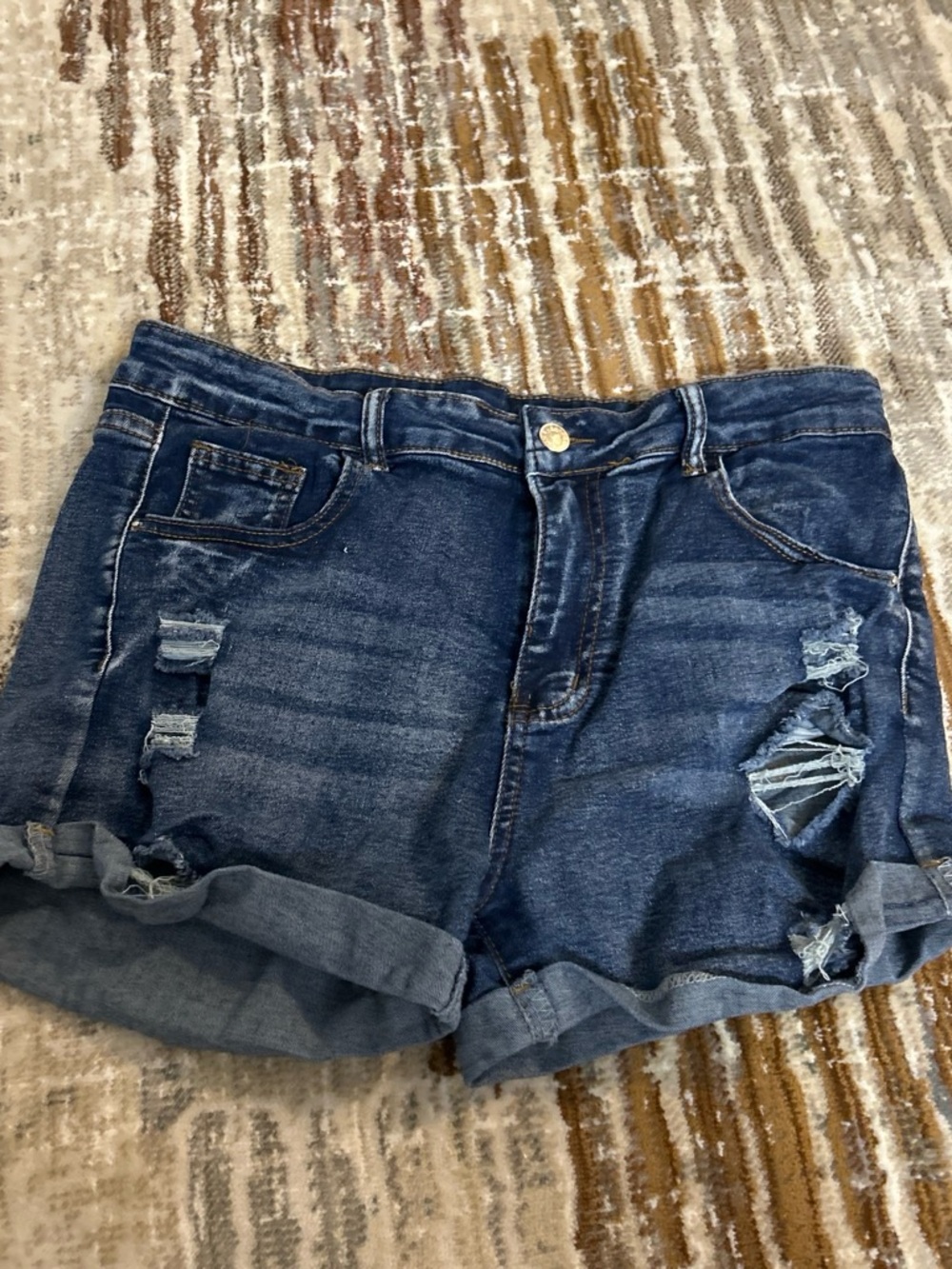 Classic Dark Wash Distressed Denim Shorts - Blue